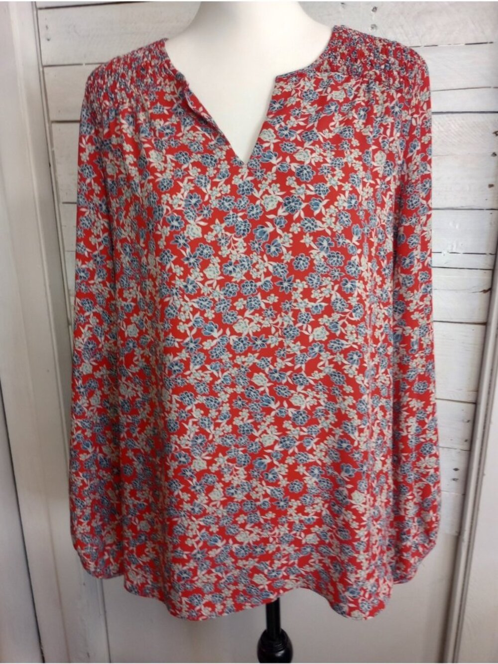 Adrienne Vittadini Red Blue Floral Poet Blouse Womens Large Balloon Long Sleeve